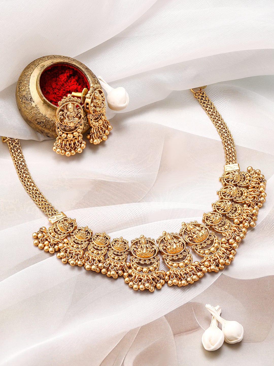 Laxmi Motif Temple Necklace Set Gold