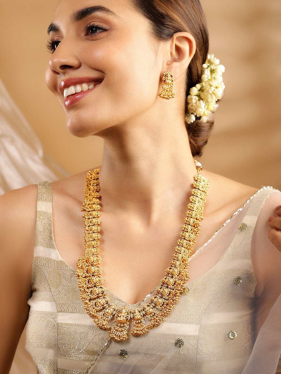 Rubans 22K Gold-Plated Divine Lakshmi Motif Temple Jewellery Set with Gold Bead Accents Gold