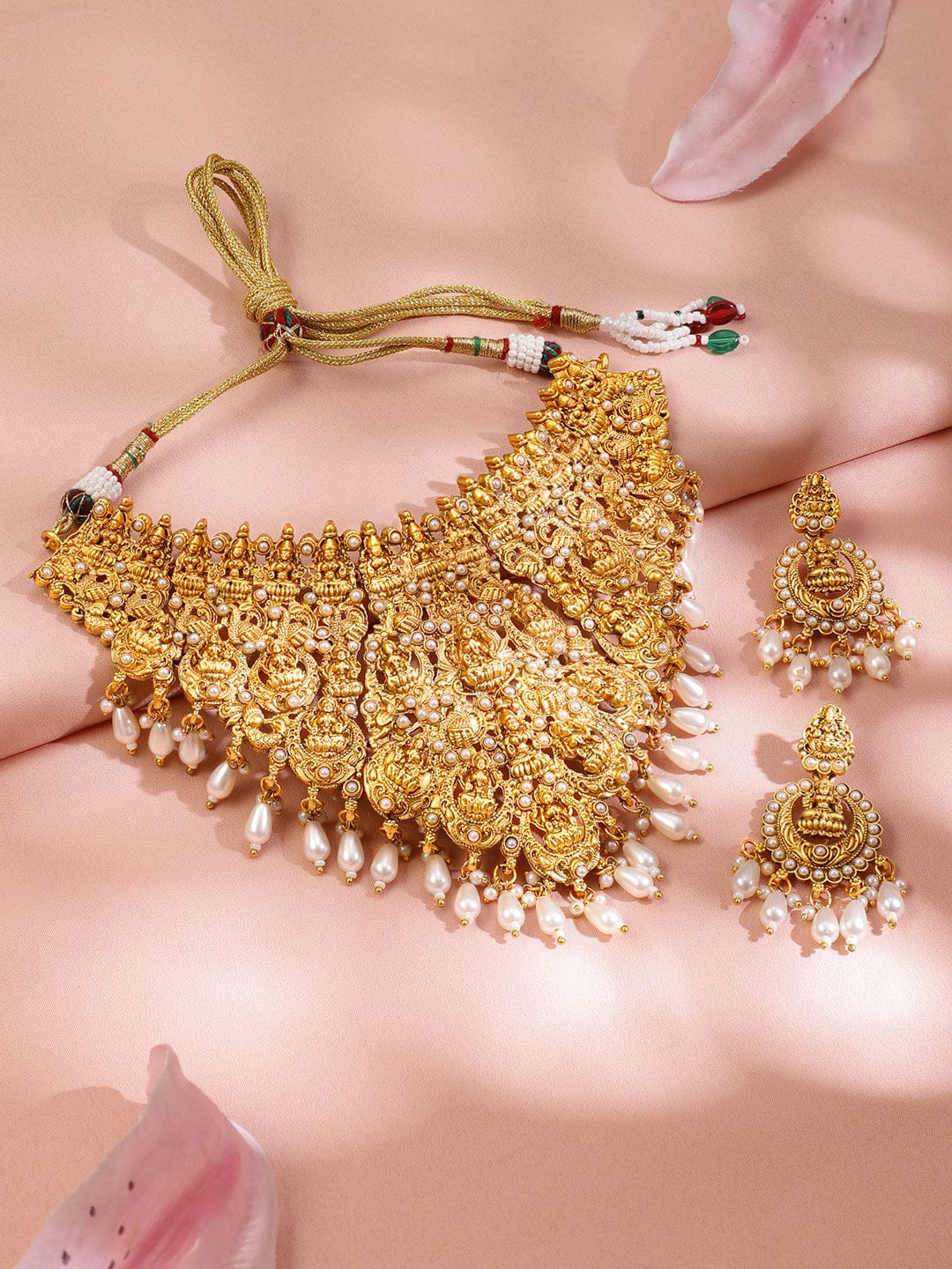Laxmi Motif Necklace Set with Pearl Drops フリーサイズ