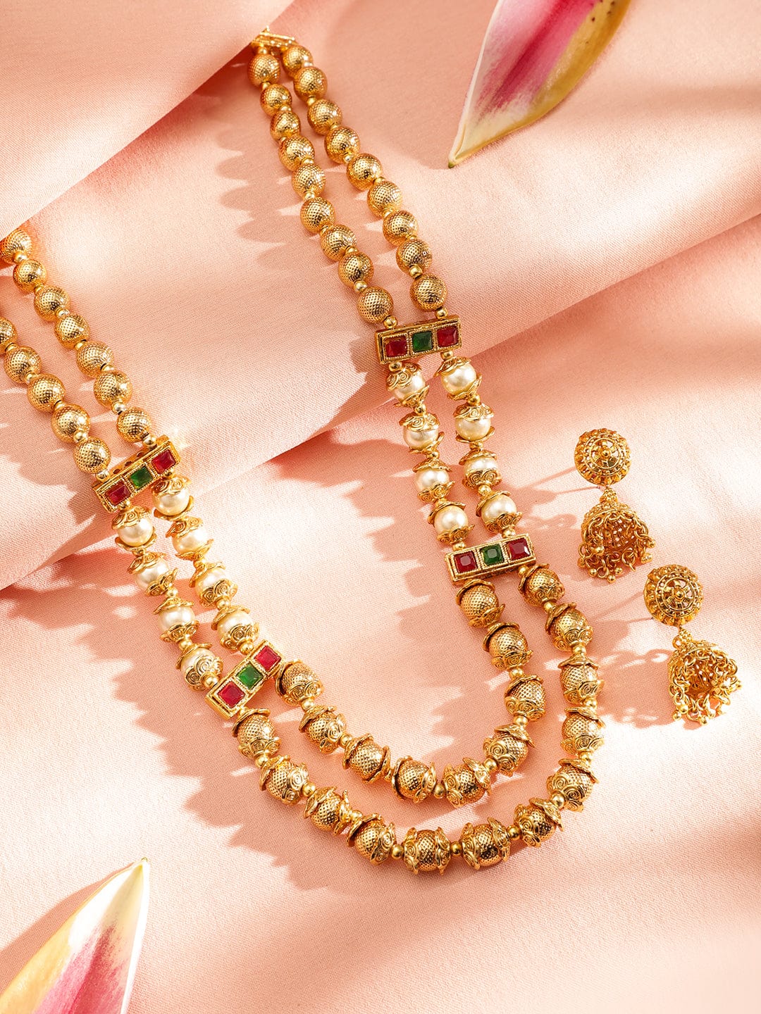 Gold Beaded Layered Necklace Set Gold
