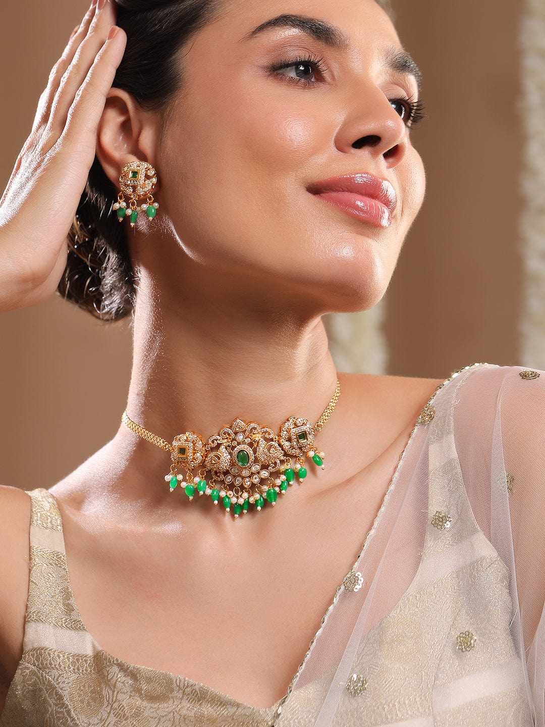 Green Beaded American Diamond Zirconia Necklace Set フリーサイズ