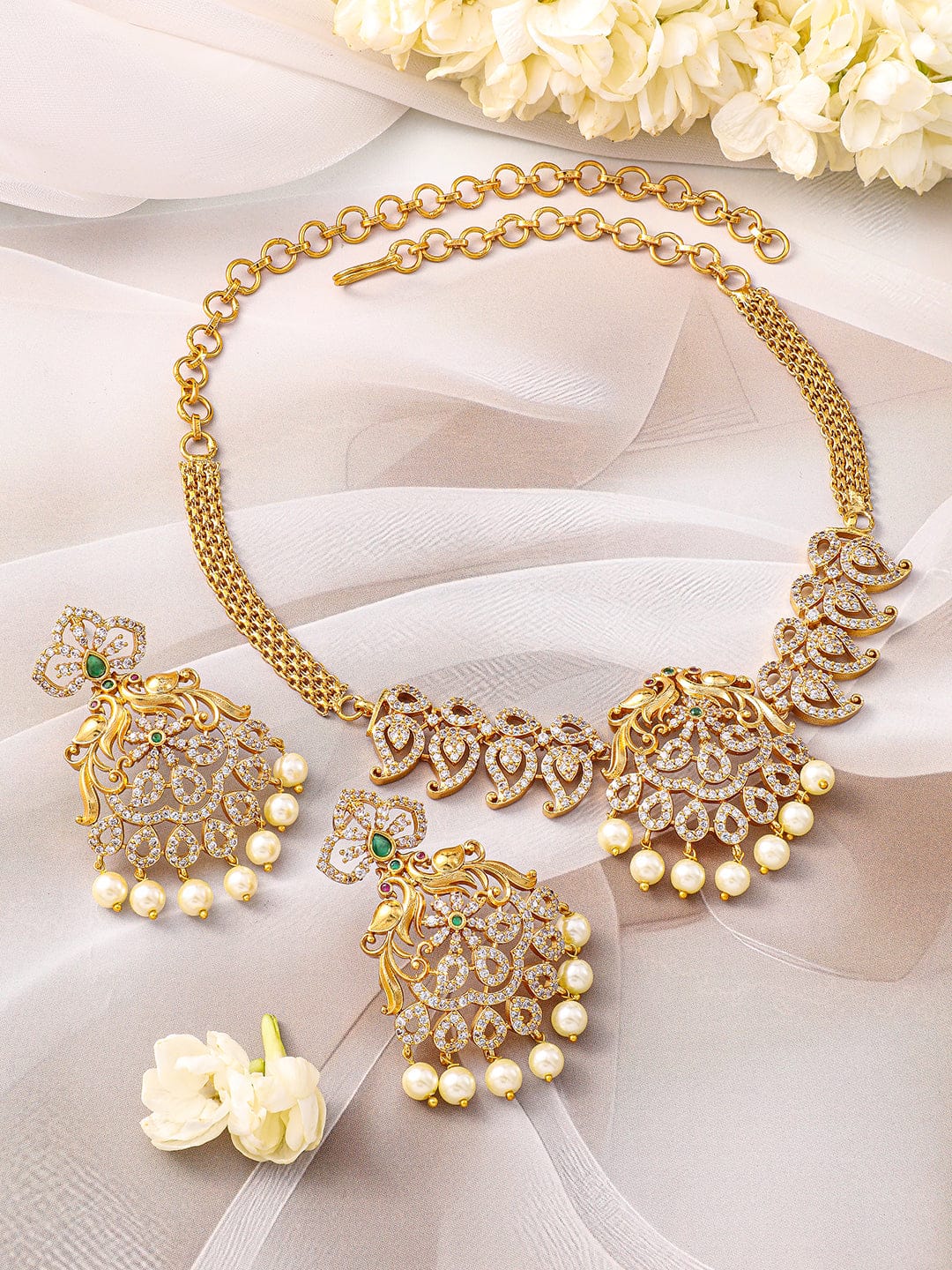 American Diamond Zirconia Pearl Necklace Set Gold