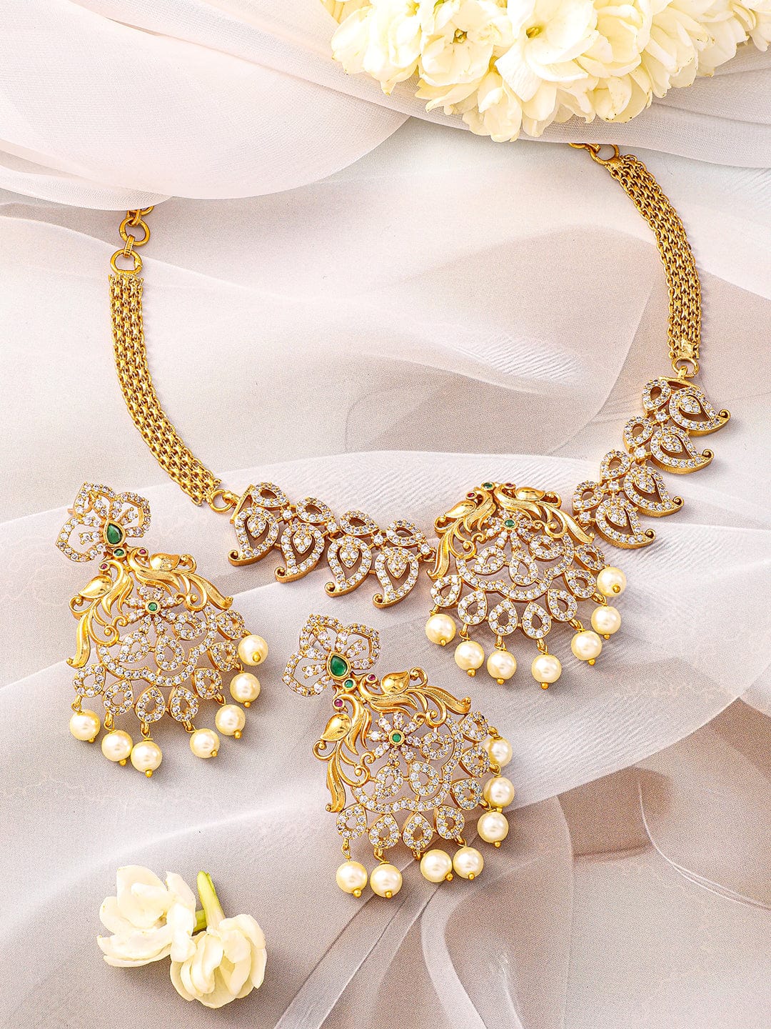 American Diamond Zirconia Pearl Necklace Set Gold