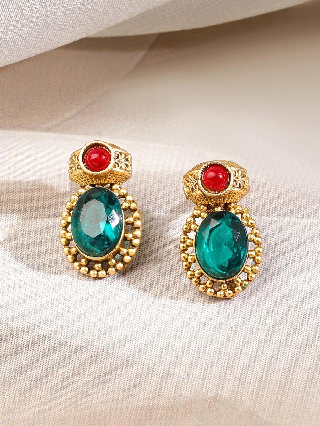 Green & Red Studded Gold Necklace Set フリーサイズ