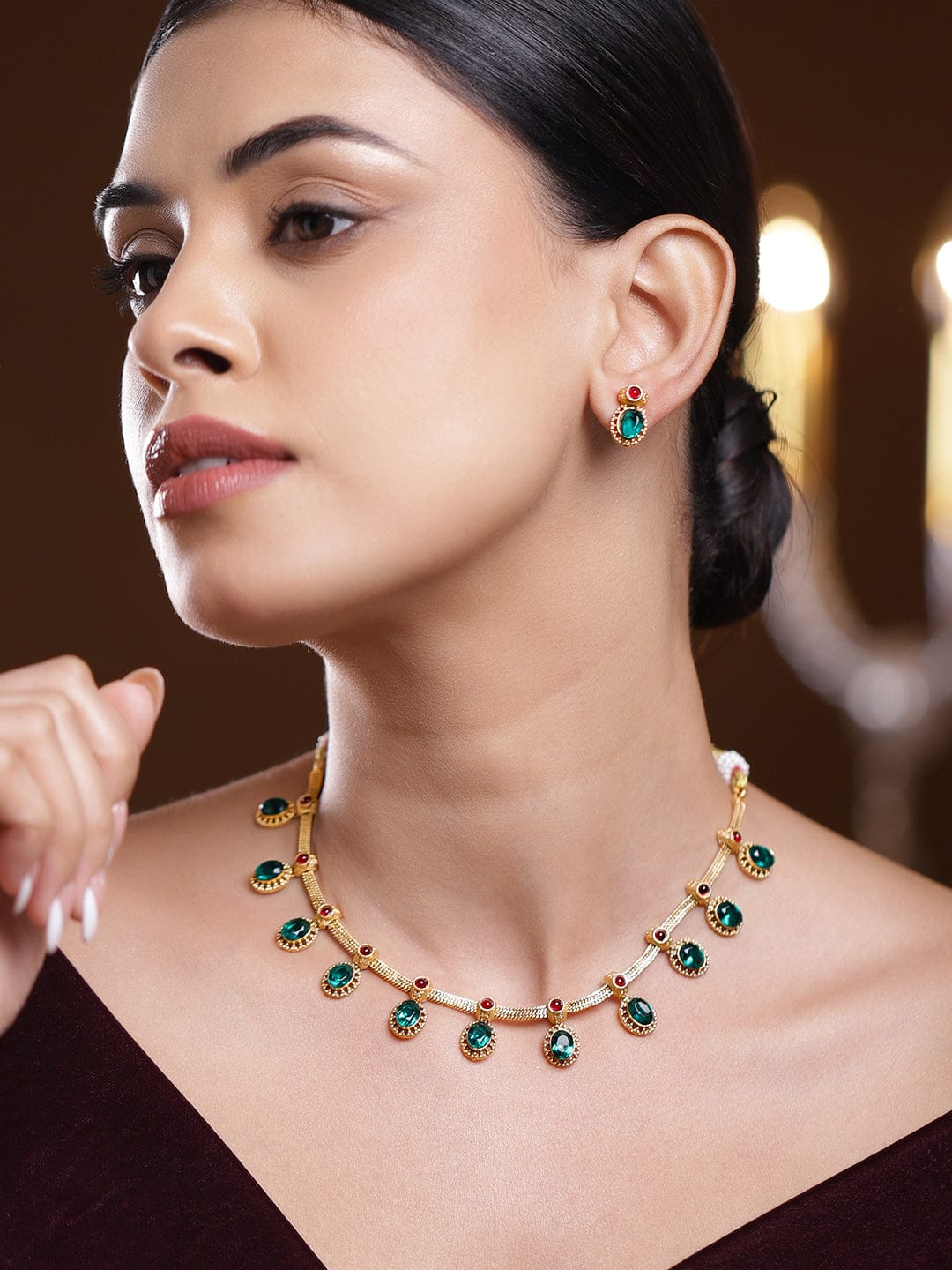 Green & Red Studded Gold Necklace Set フリーサイズ
