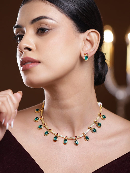 Green & Red Studded Gold Necklace Set フリーサイズ