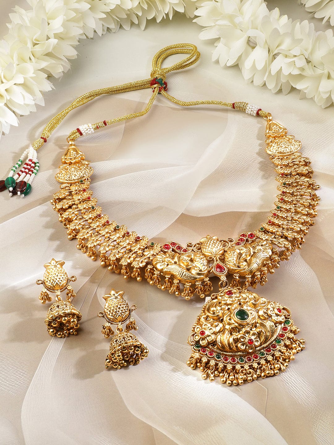 Lakshmi Motif Pink & Green Studded Necklace Set フリーサイズ
