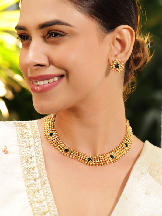 Emerald Studded Gold Beads Necklace Set フリーサイズ