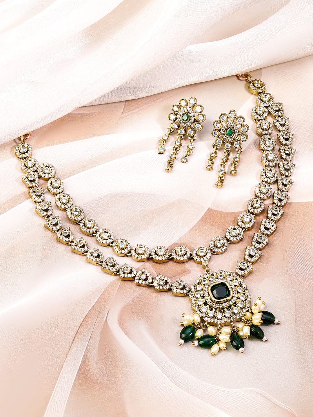 American Diamond Zirconia Green Beads Necklace Set フリーサイズ