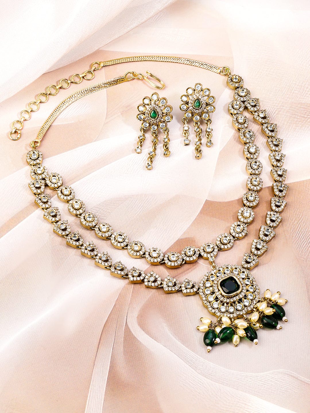 American Diamond Zirconia Green Beads Necklace Set フリーサイズ