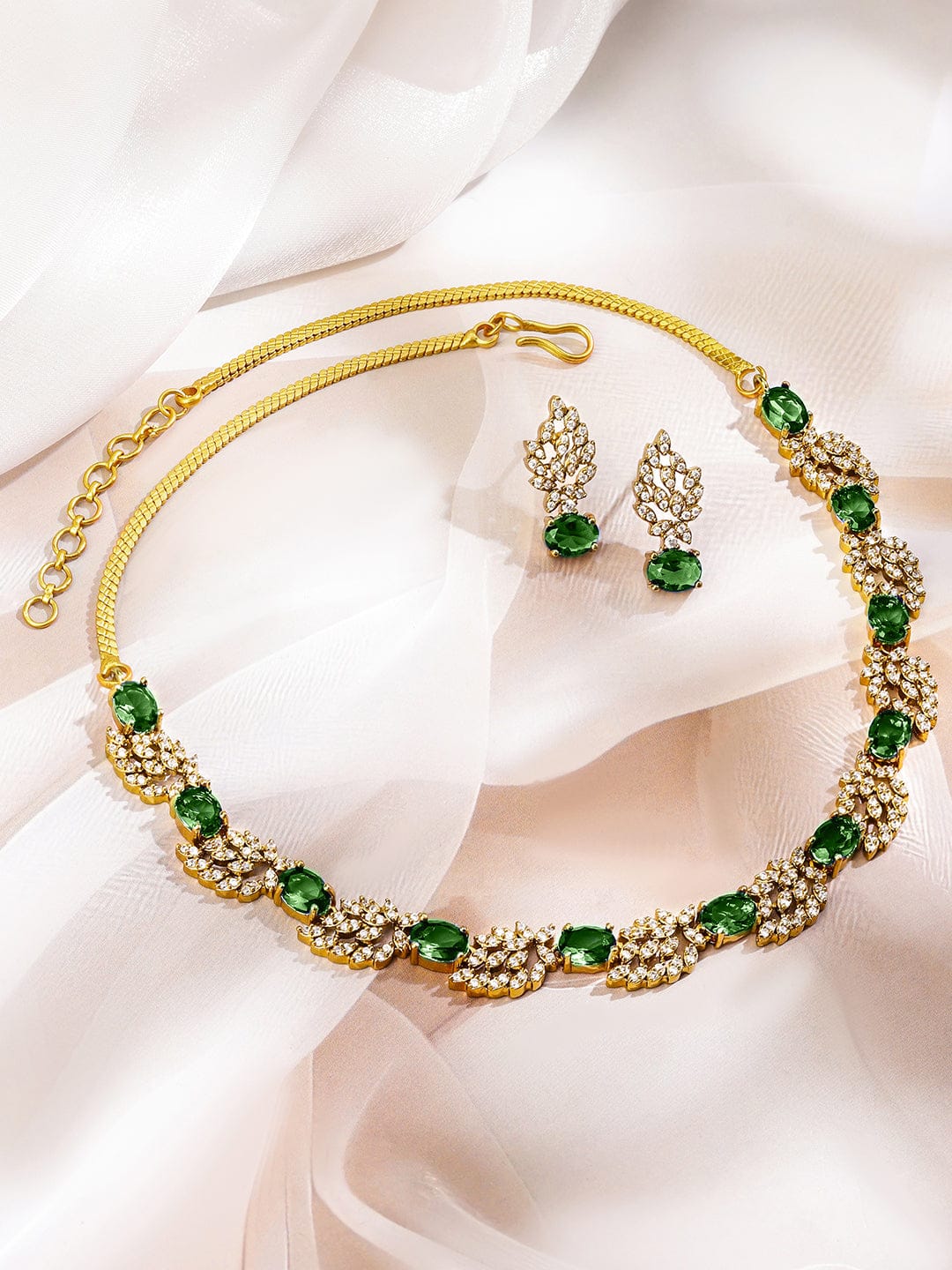 American Diamond Zirconia Emerald Gold necklace Set フリーサイズ