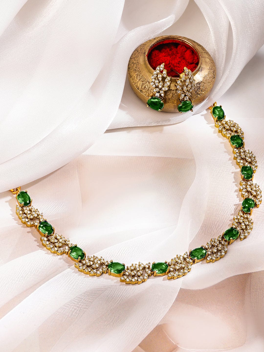 American Diamond Zirconia Emerald Gold necklace Set フリーサイズ