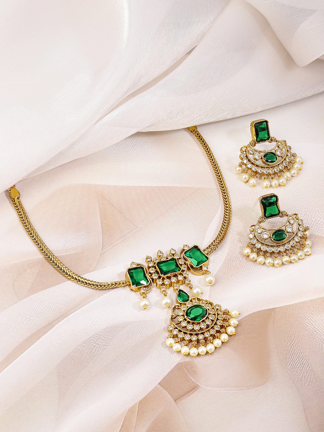 Emerald Studded Pearl Drop Gold Necklace Set Green