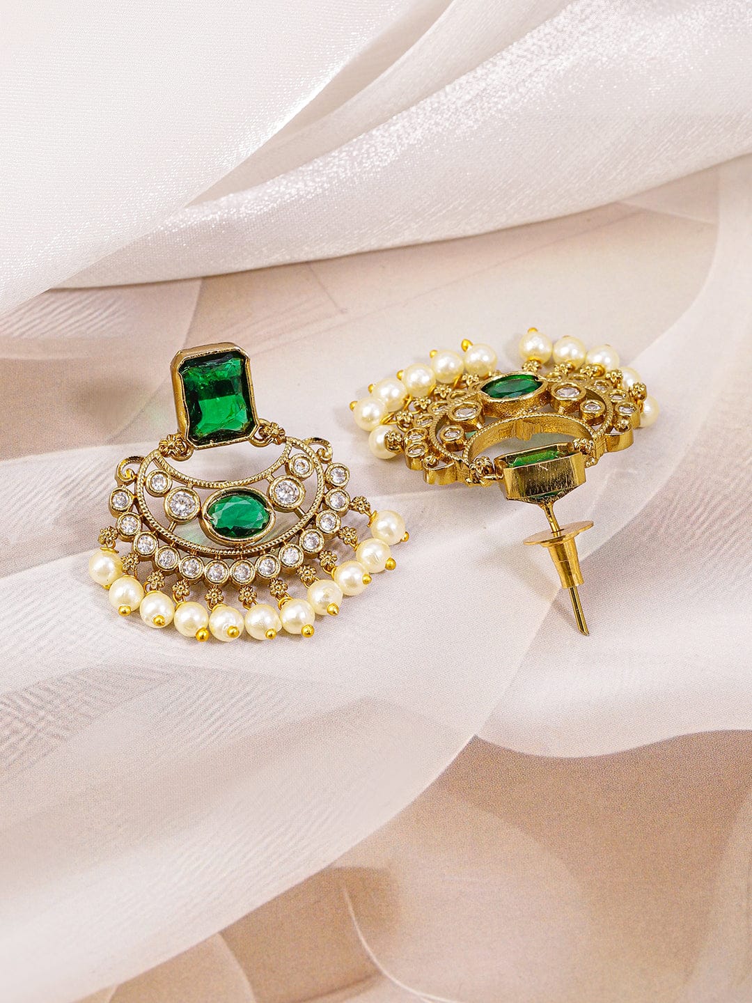 Emerald Studded Pearl Drop Gold Necklace Set Green