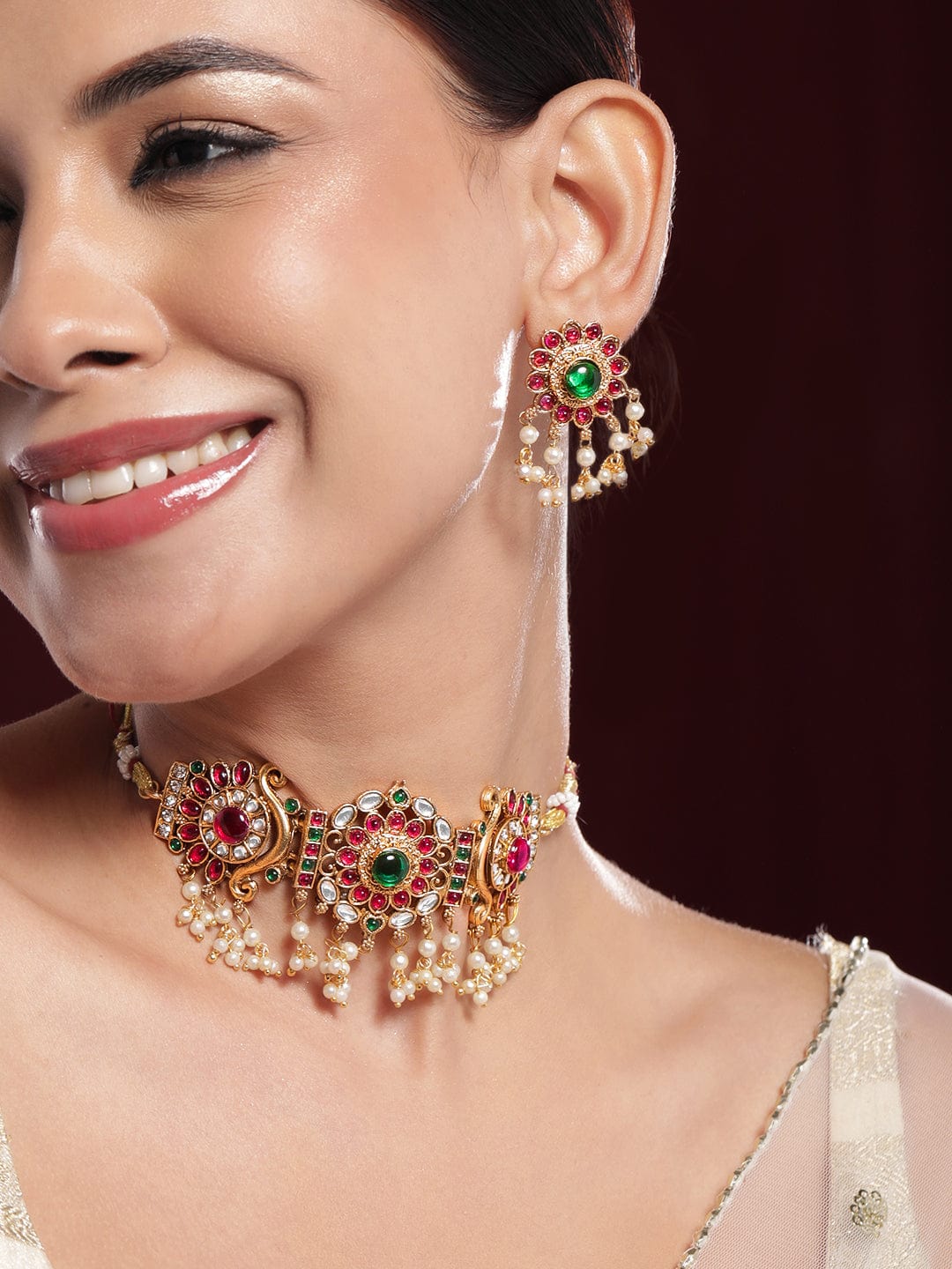 Red & Green Studded Kundan Floral Choker Set フリーサイズ