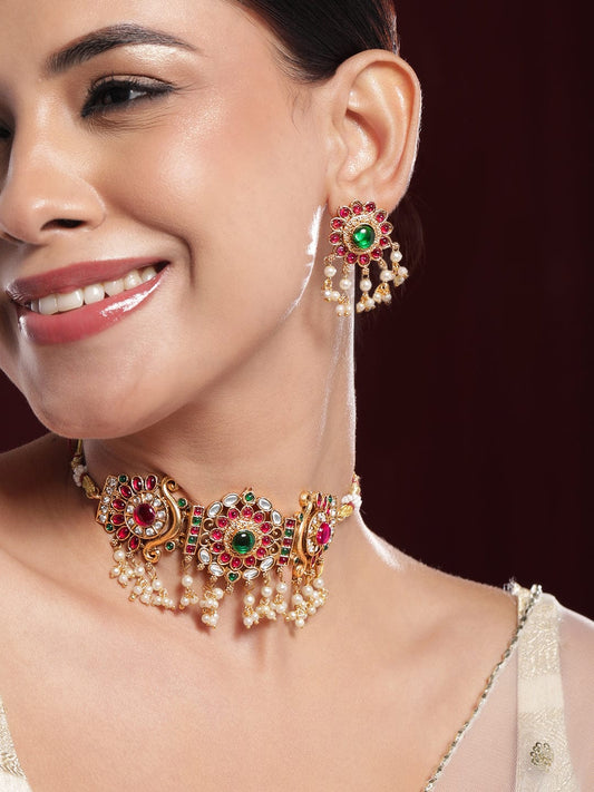Red & Green Studded Kundan Floral Choker Set フリーサイズ