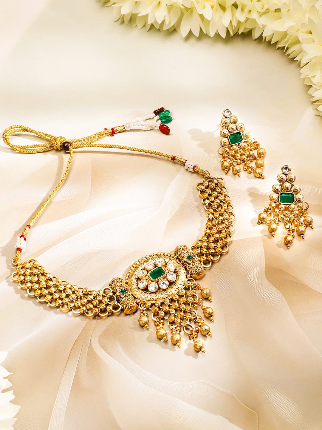 Green Studded Gold Drops Choker Set Emerald Green