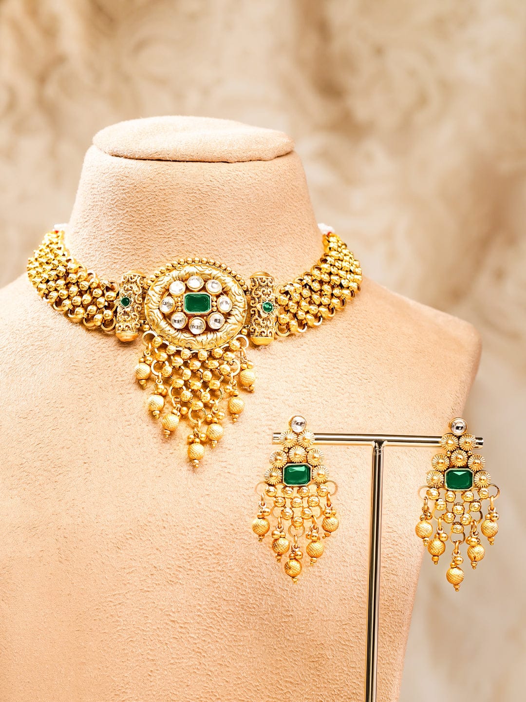 Green Studded Gold Drops Choker Set Emerald Green