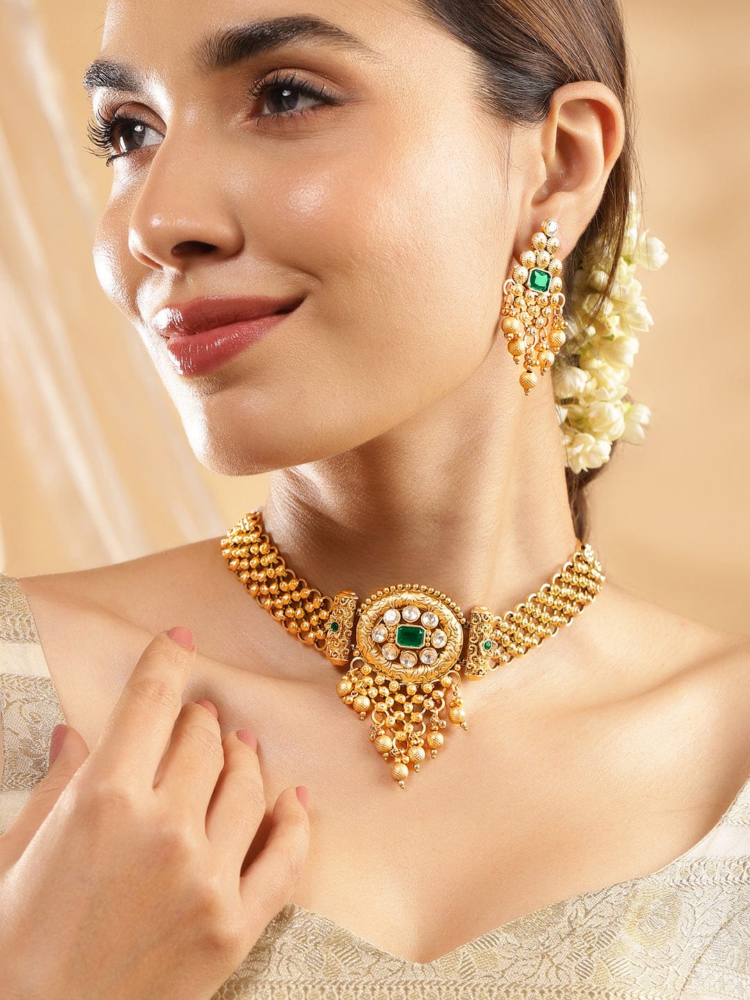 Green Studded Gold Drops Choker Set Emerald Green