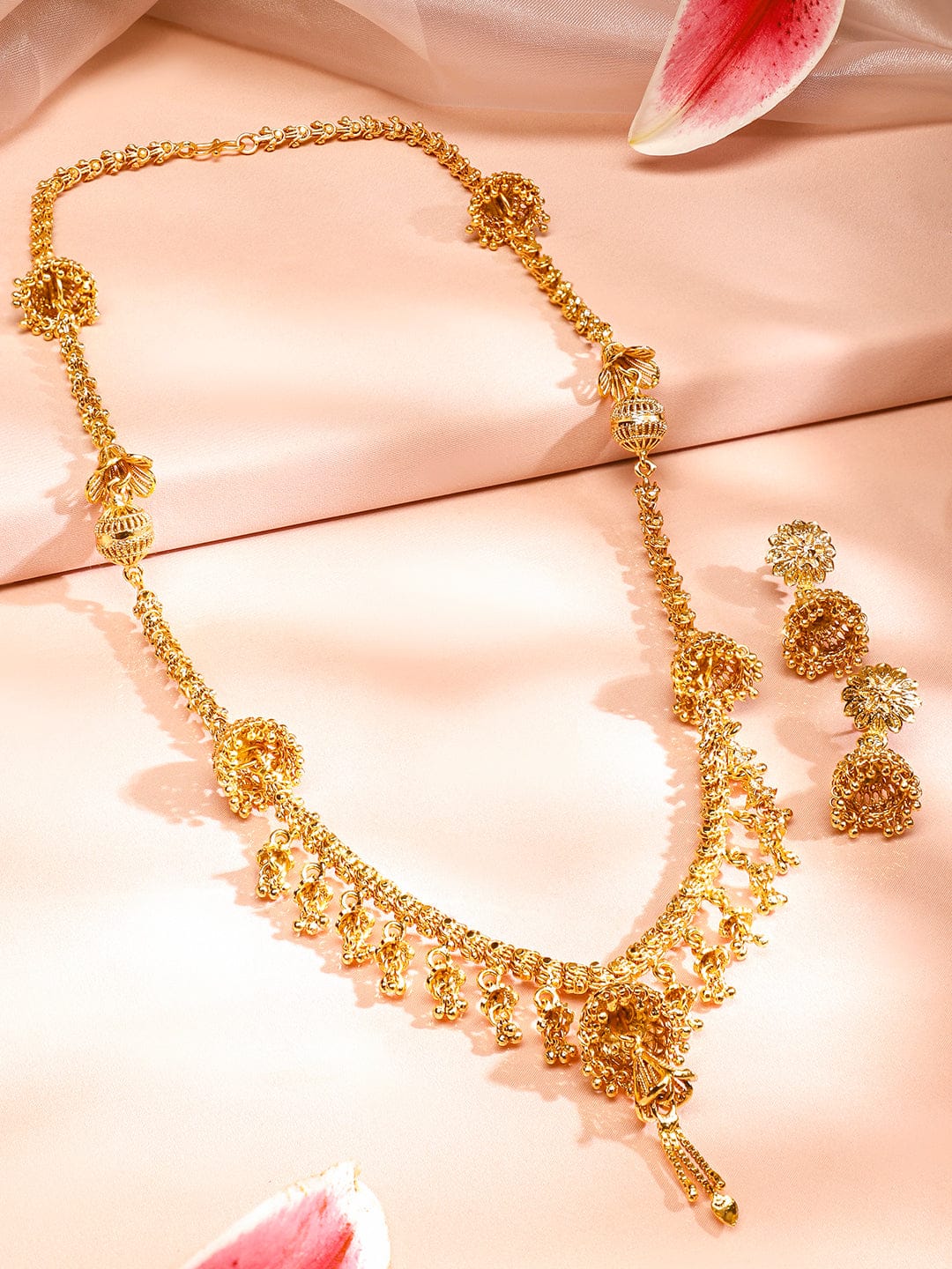 Long Gold Necklace Set with Drop Charms フリーサイズ