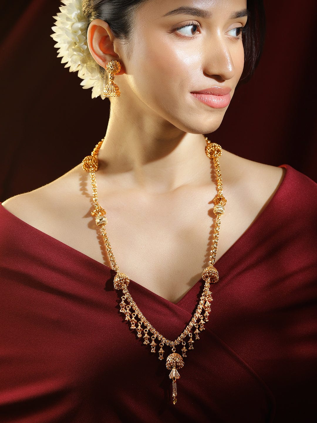 Long Gold Necklace Set with Drop Charms フリーサイズ