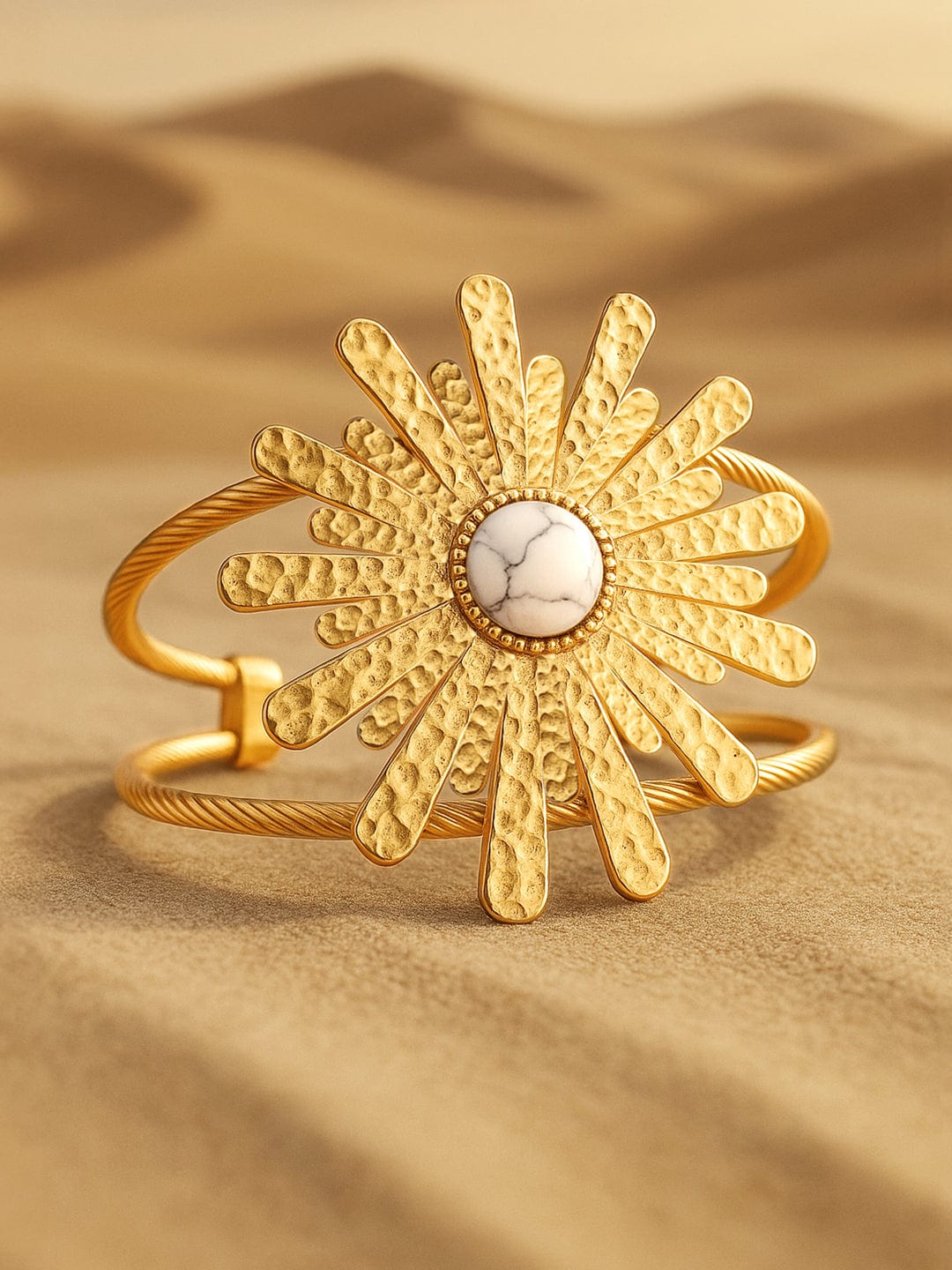 White Accented Floral Motif Gold Cuff Bracelet Gold