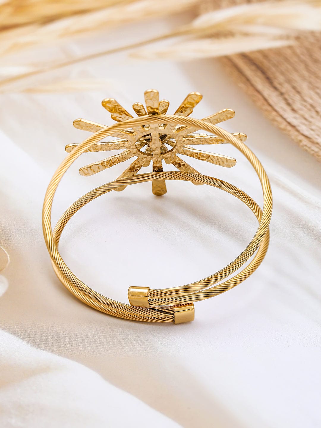 White Accented Floral Motif Gold Cuff Bracelet Gold