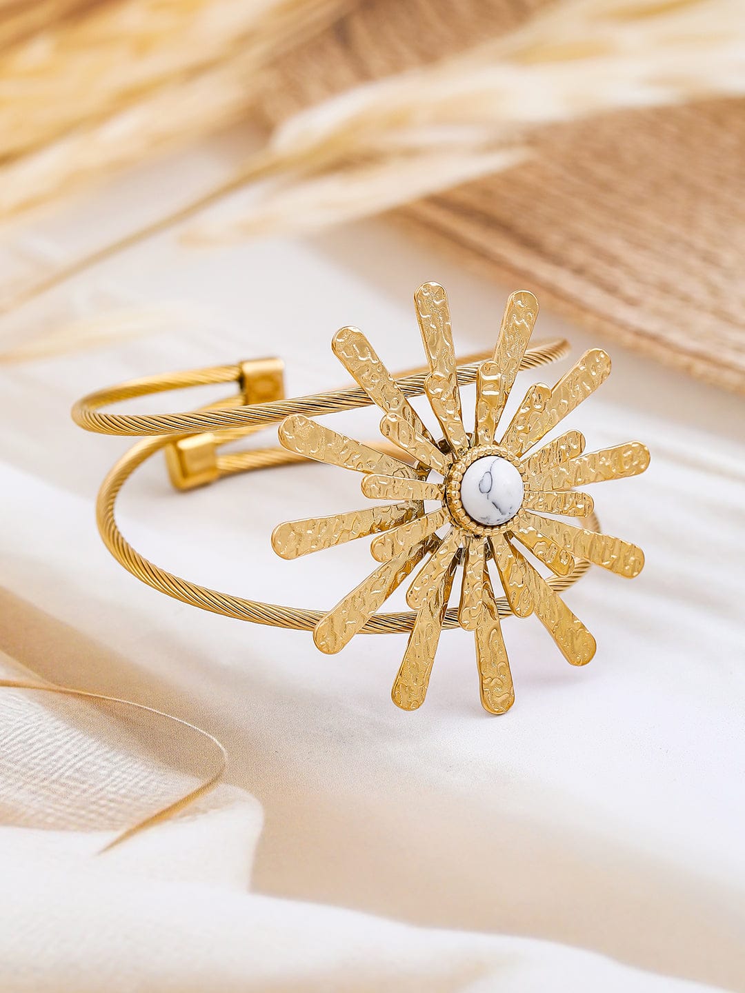 White Accented Floral Motif Gold Cuff Bracelet Gold