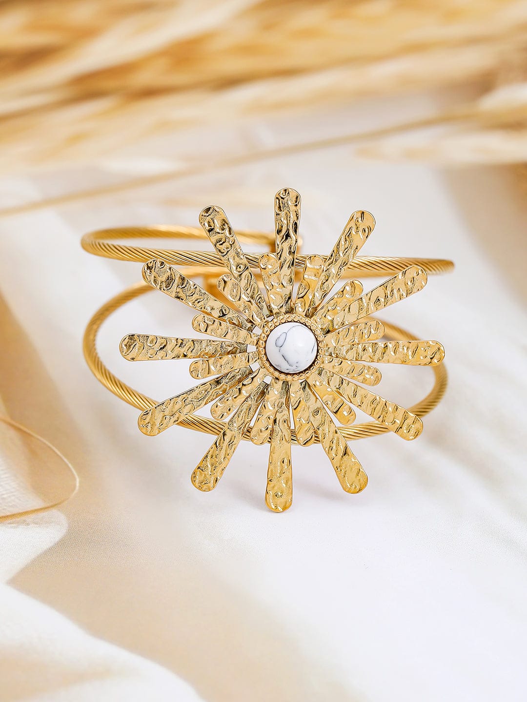 White Accented Floral Motif Gold Cuff Bracelet Gold