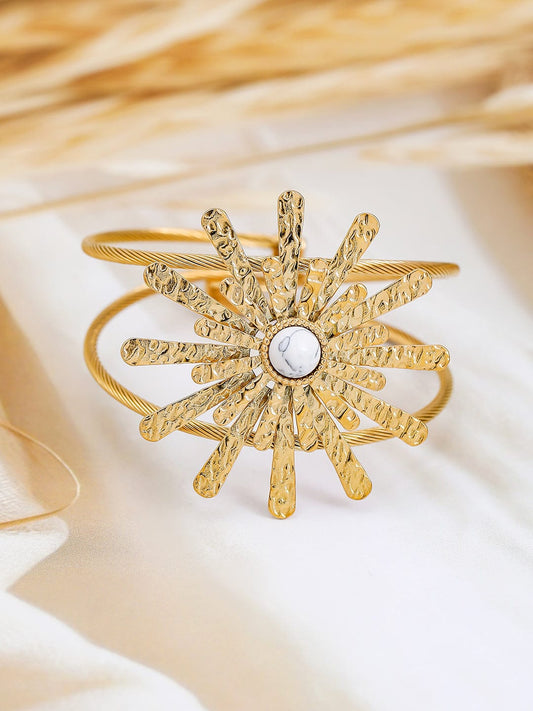 White Accented Floral Motif Gold Cuff Bracelet Gold