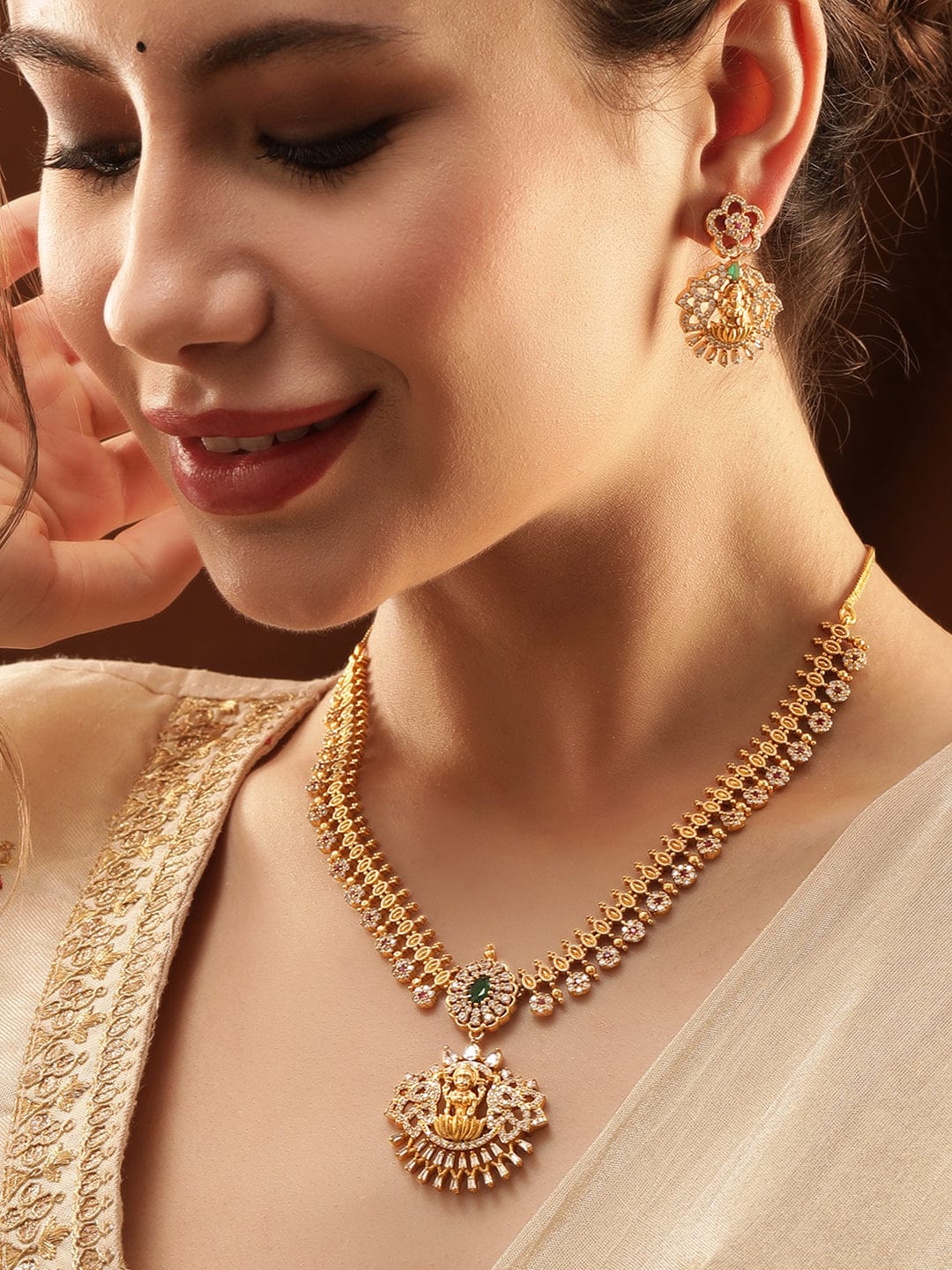 Temple Necklace Set with Laxmi Motif Gold::Green