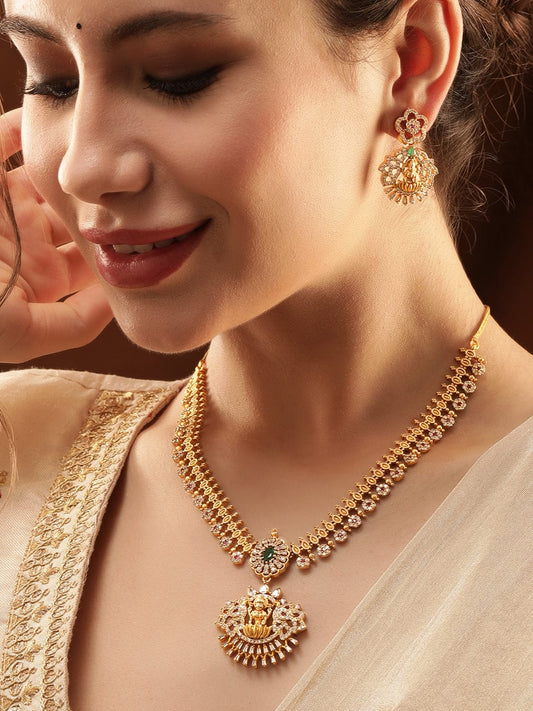 Temple Necklace Set with Laxmi Motif Gold::Green