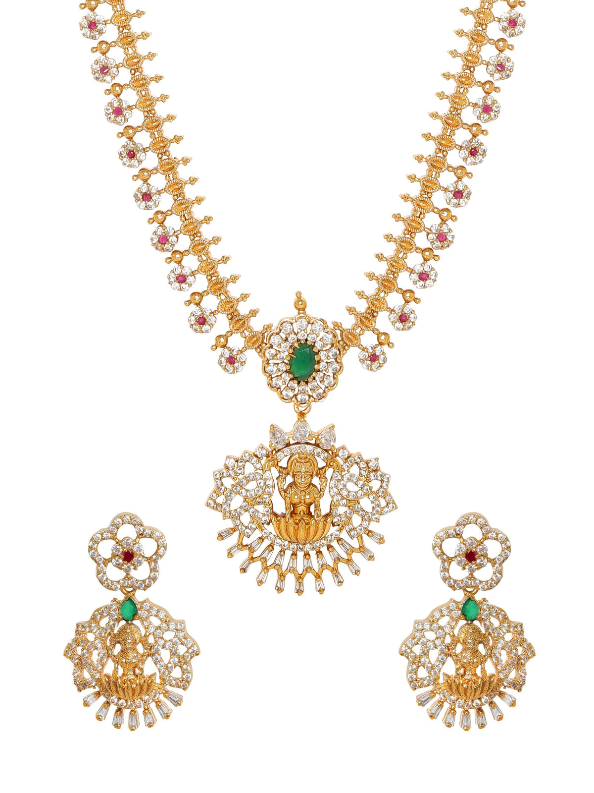 Temple Necklace Set with Laxmi Motif Gold::Green