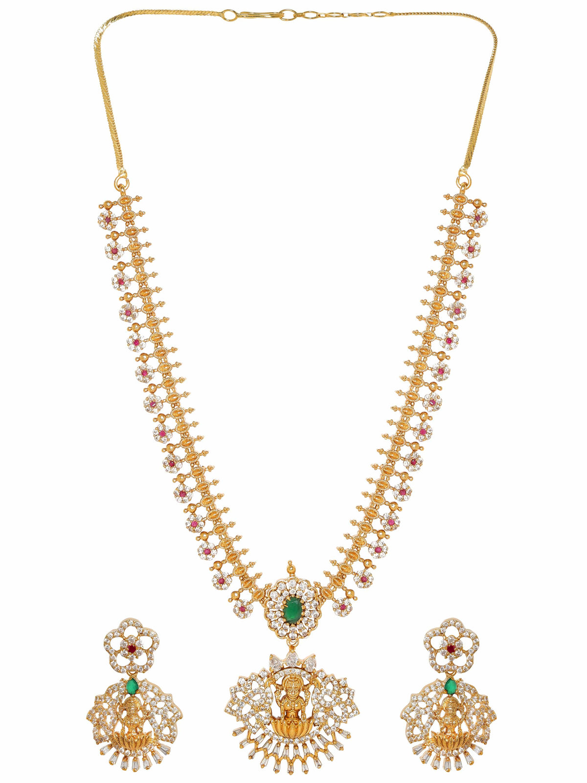 Temple Necklace Set with Laxmi Motif Gold::Green