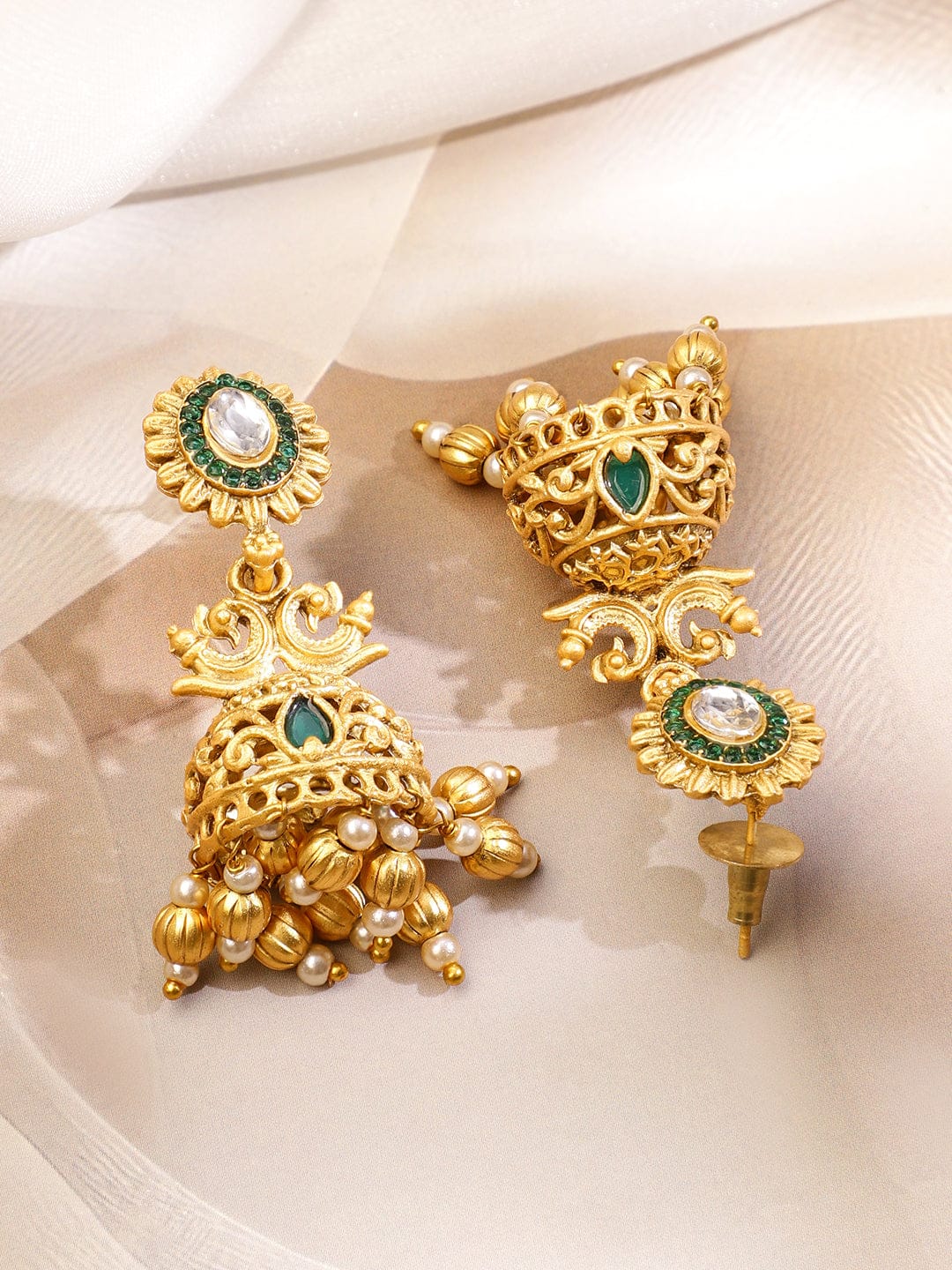 Green Studded Pearl Beaded Gold Necklace Set フリーサイズ