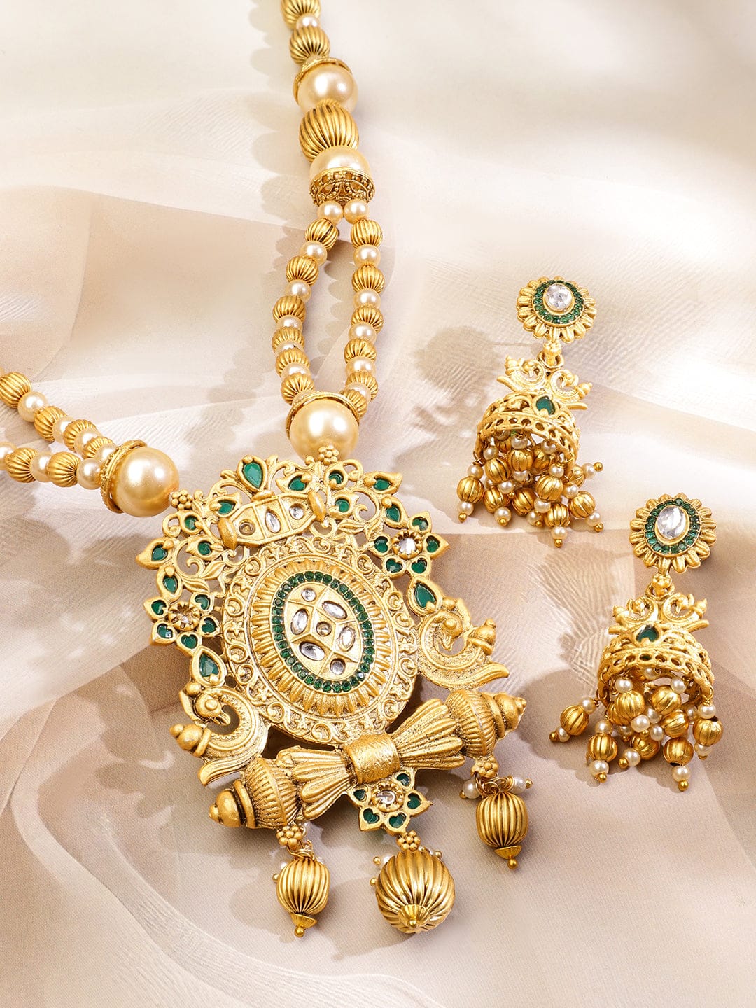 Green Studded Pearl Beaded Gold Necklace Set フリーサイズ
