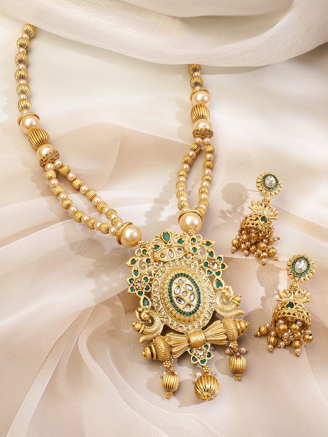 Green Studded Pearl Beaded Gold Necklace Set フリーサイズ