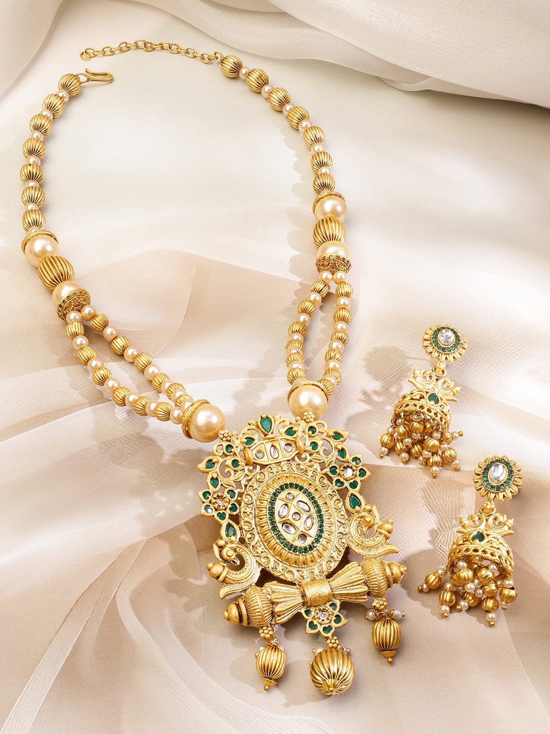 Green Studded Pearl Beaded Gold Necklace Set フリーサイズ