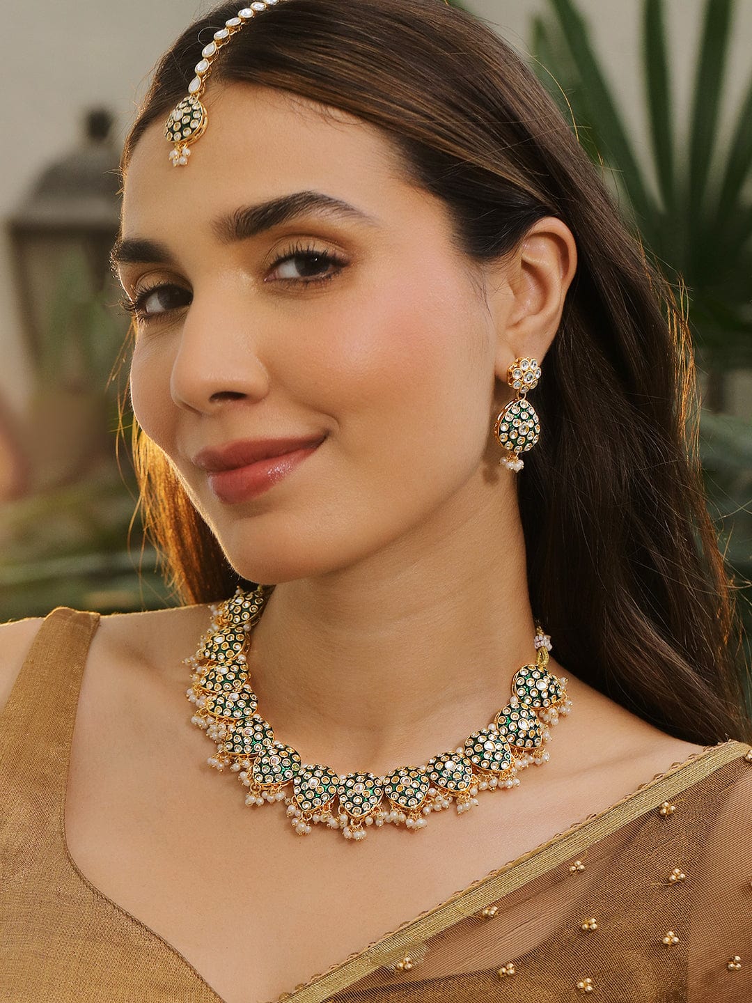 Green Muse of Kundan Necklace Set Gold
