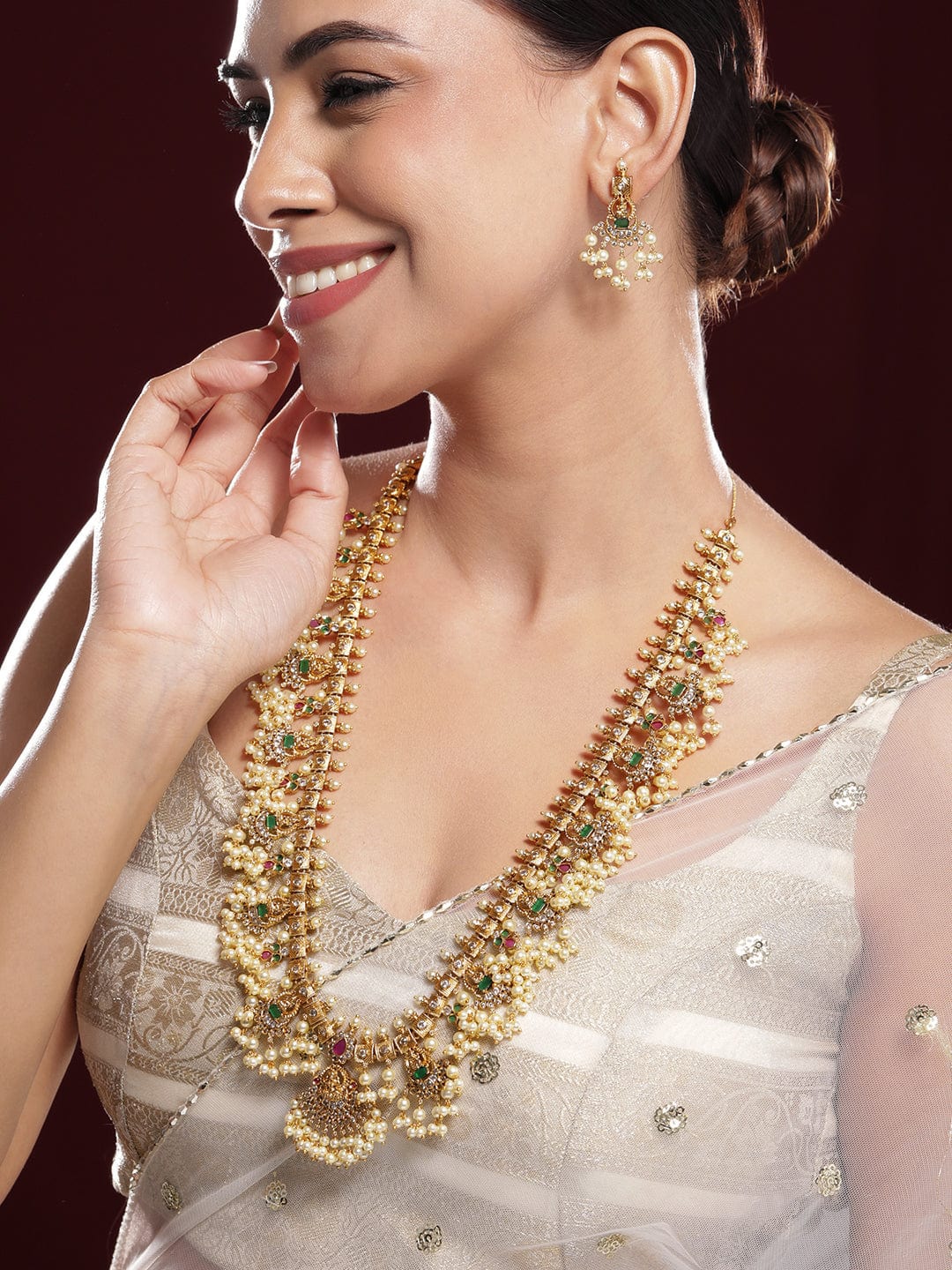 Pearl Beaded Temple Necklace Set Multicolor
