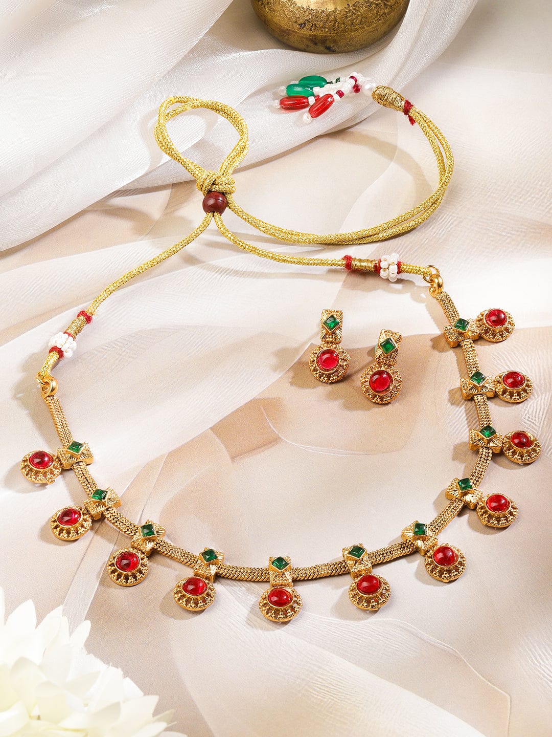 Green & Red Studded Golden Necklace Set フリーサイズ