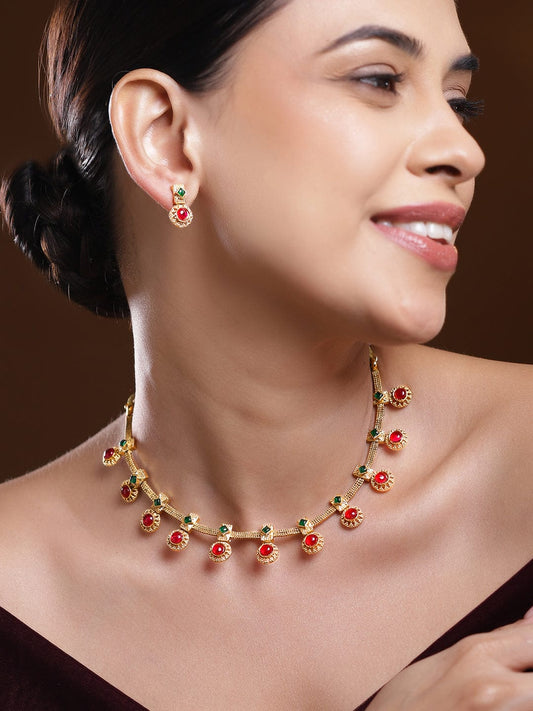 Green & Red Studded Golden Necklace Set フリーサイズ