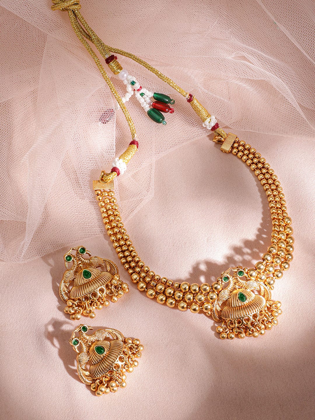 Gold beaded Green Accented Necklace Set フリーサイズ