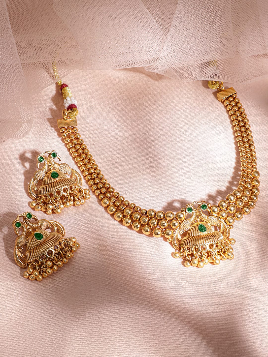Gold beaded Green Accented Necklace Set フリーサイズ