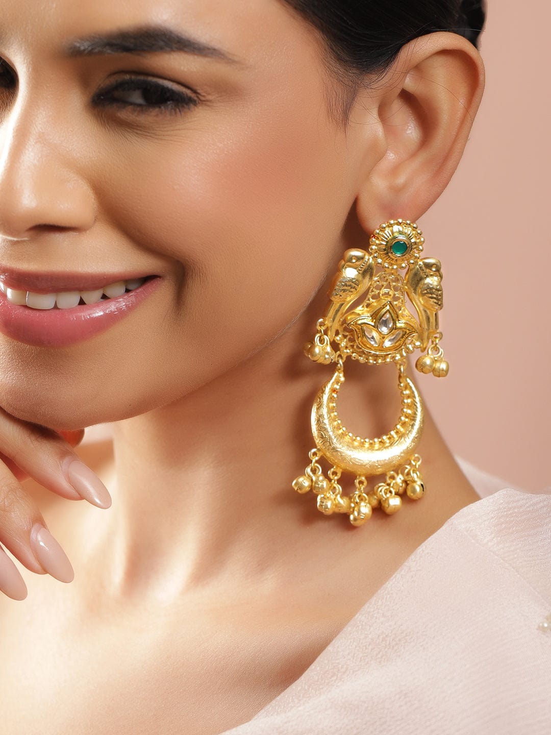 Bird Motif Gold Toned Kashmiri Dangler Earrings フリーサイズ