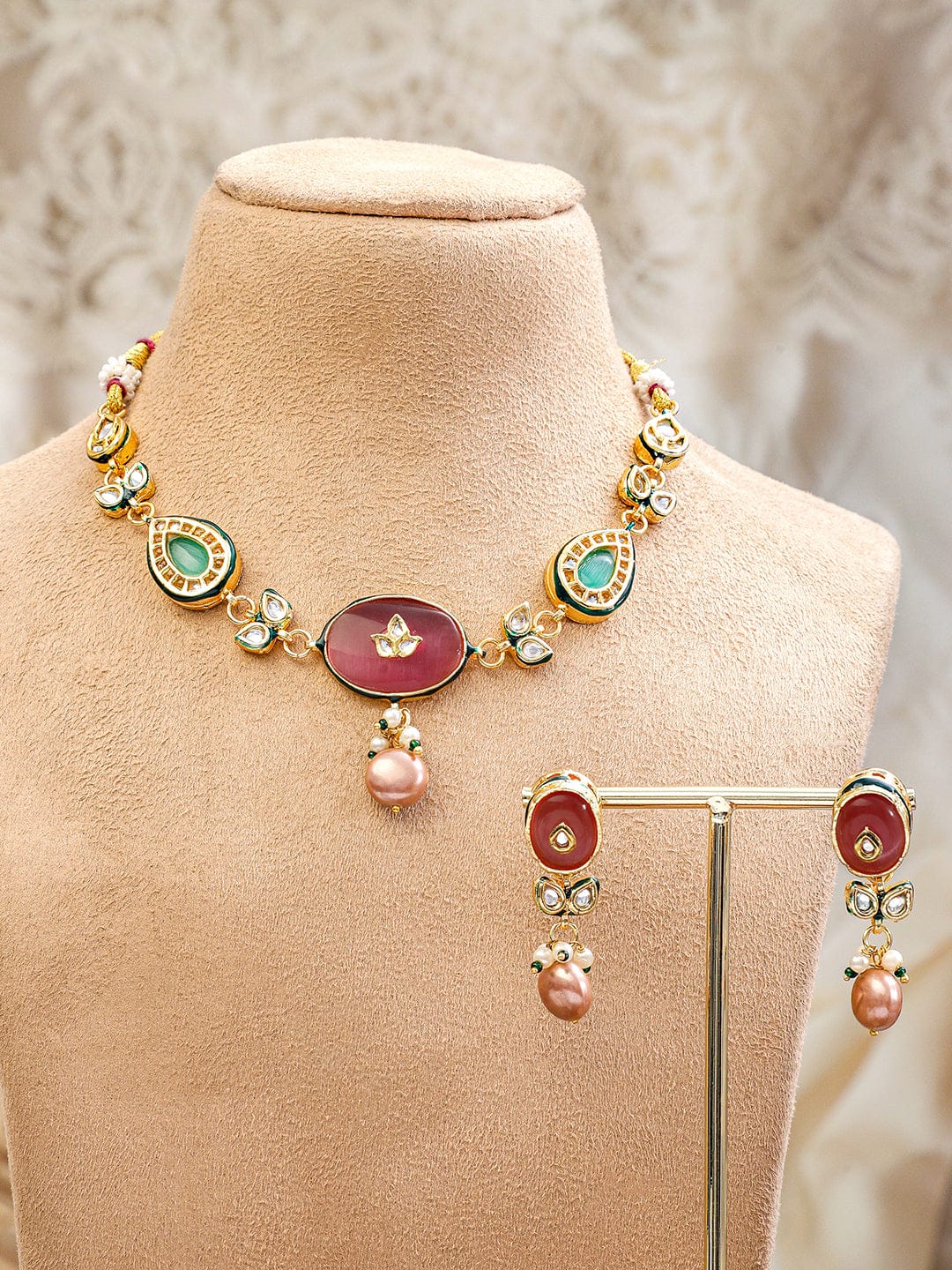 Multicolor Pearl Drop Necklace Set Gold