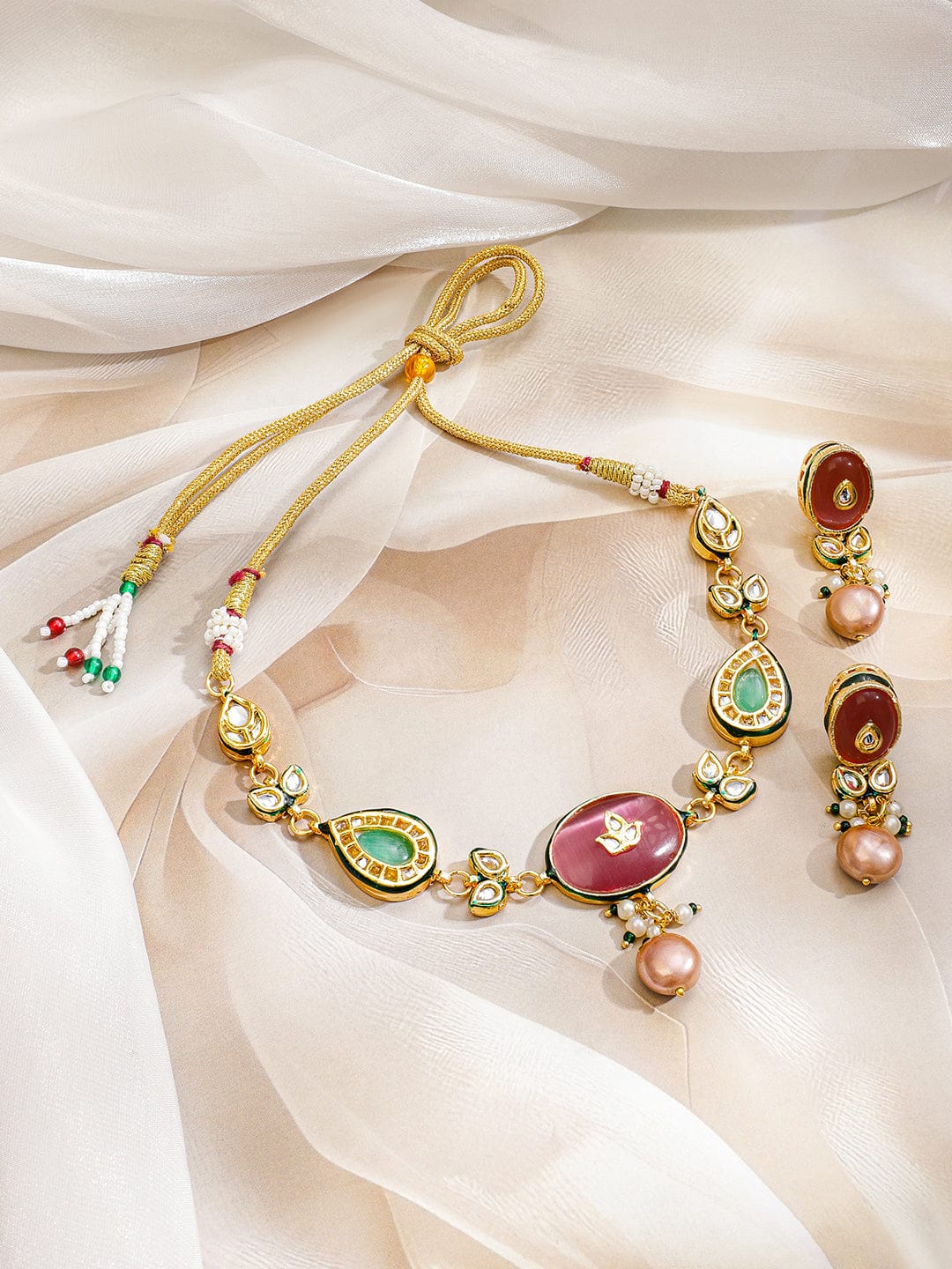 Multicolor Pearl Drop Necklace Set Gold