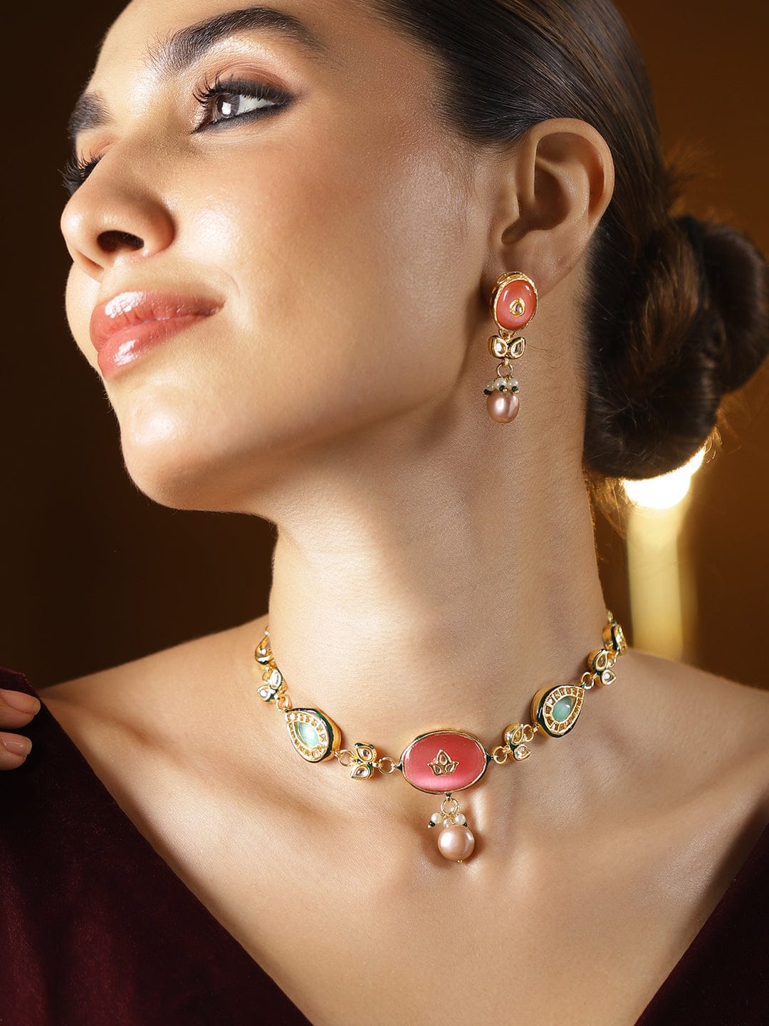 Multicolor Pearl Drop Necklace Set Gold