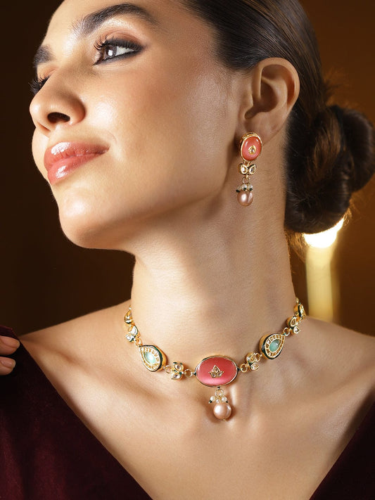 Multicolor Pearl Drop Necklace Set Gold