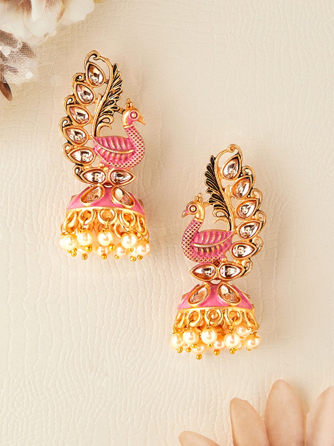 Rubans 22k Gold-Plated Handcrafted Kundan & Enamel Peacock Design Jhumka Earring Gold